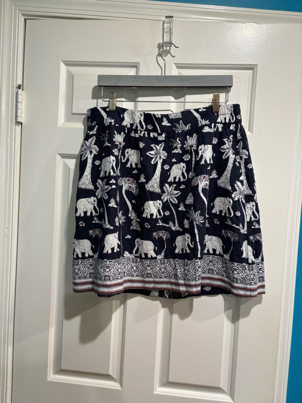 LOFT linen blend mini skirt elephants blue white L new NWT